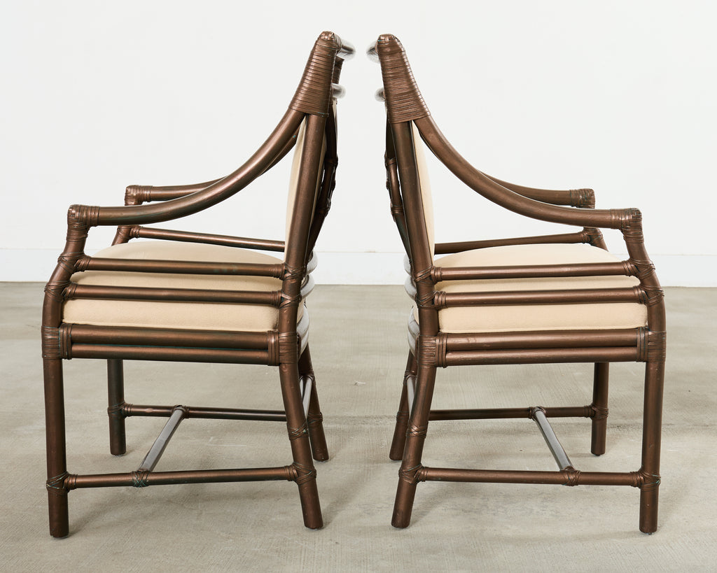Set of Ten McGuire Bronzed Rattan Target Dining Chairs