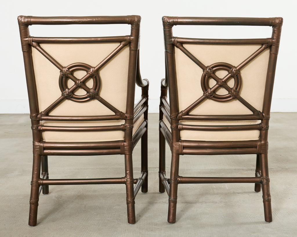 Set of Ten McGuire Bronzed Rattan Target Dining Chairs