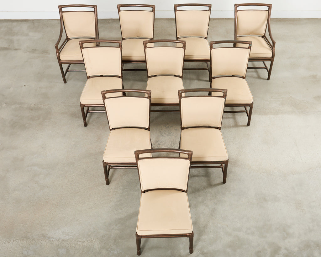 Set of Ten McGuire Bronzed Rattan Target Dining Chairs