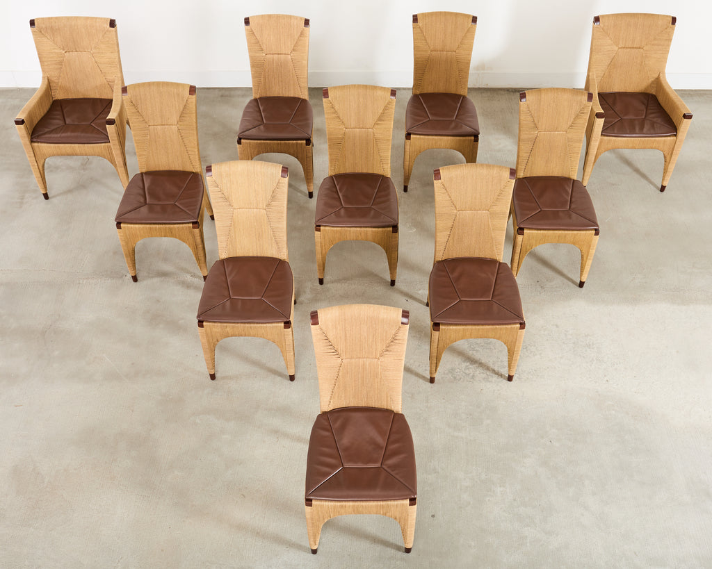 Set of Ten Bill Sofield McGuire Danish Cord Cocoon Dining Chairs