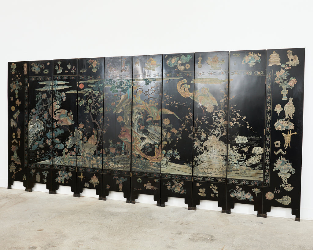 Chinese Kuancai Ten Panel Coromandel Screen Mythical Landscape