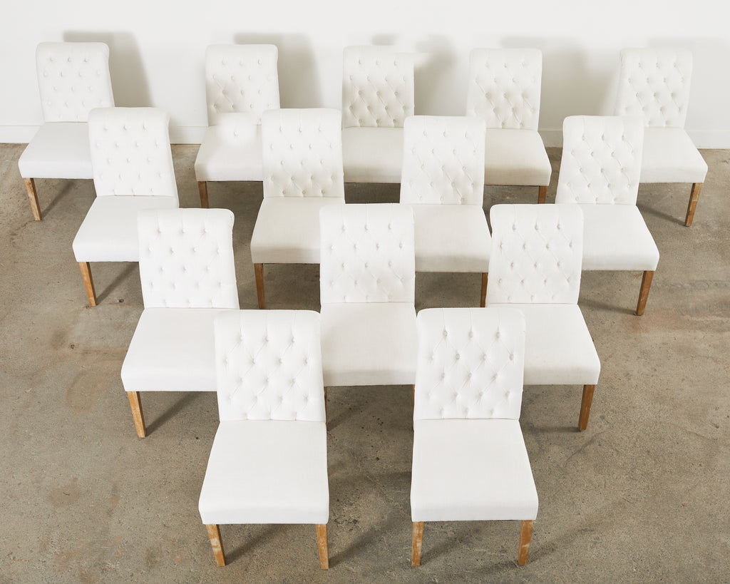 Set of Fourteen Tufted Scroll Back Dining Chairs