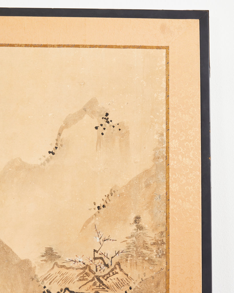 Japanese Meiji Two-Panel Screen Chinese Country Winter Landscape