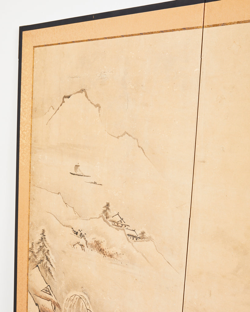 Japanese Meiji Two-Panel Screen Chinese Country Winter Landscape