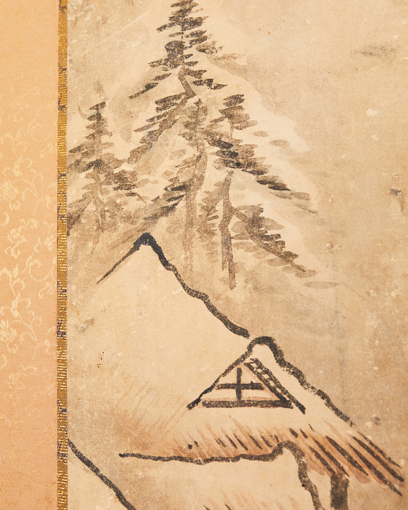 Japanese Meiji Two-Panel Screen Chinese Country Winter Landscape