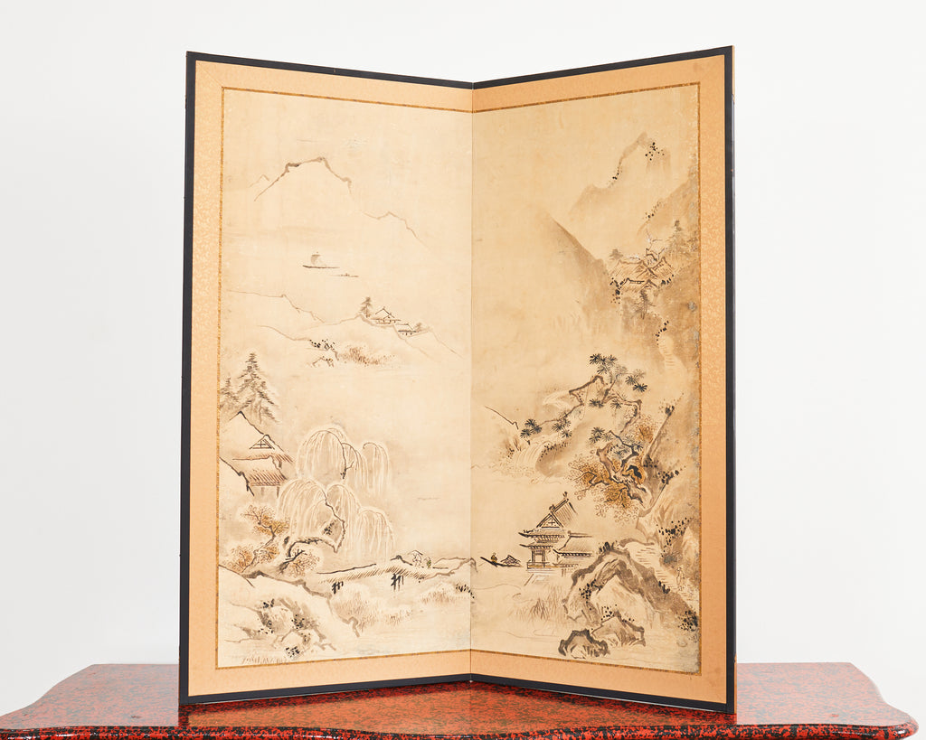 Japanese Meiji Two-Panel Screen Chinese Country Winter Landscape