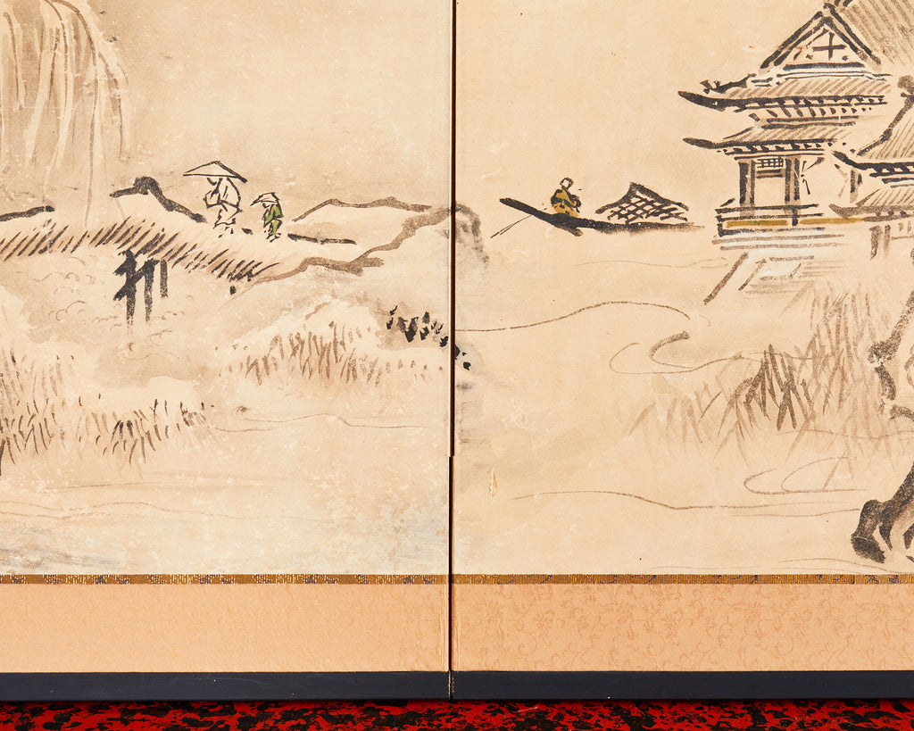 Japanese Meiji Two-Panel Screen Chinese Country Winter Landscape