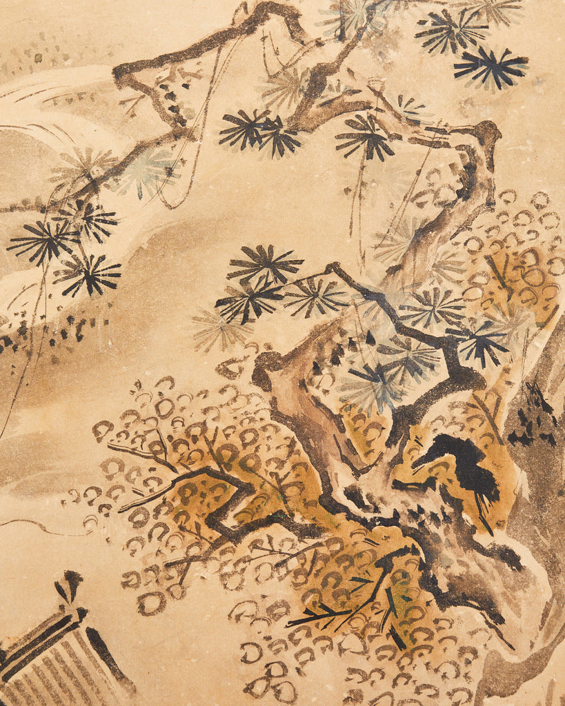 Japanese Meiji Two-Panel Screen Chinese Country Winter Landscape