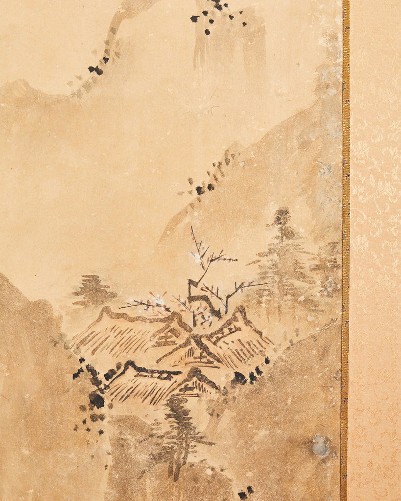 Japanese Meiji Two-Panel Screen Chinese Country Winter Landscape