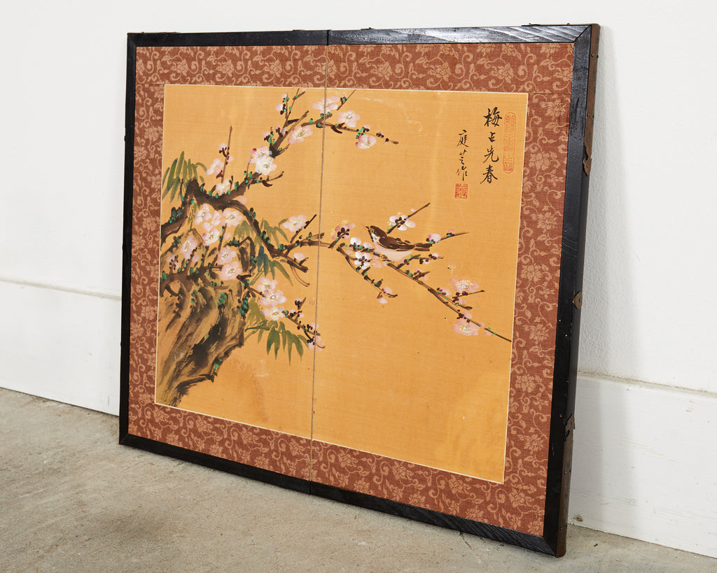 Asian Two Panel Table Screen Flowering Prunu with Songbird