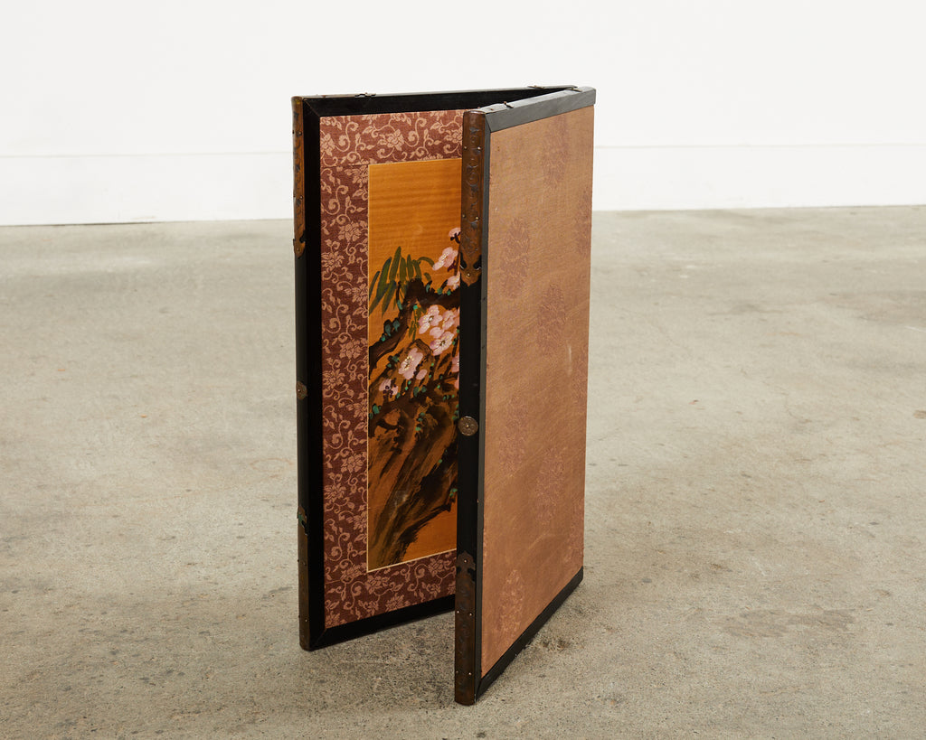 Asian Two Panel Table Screen Flowering Prunu with Songbird