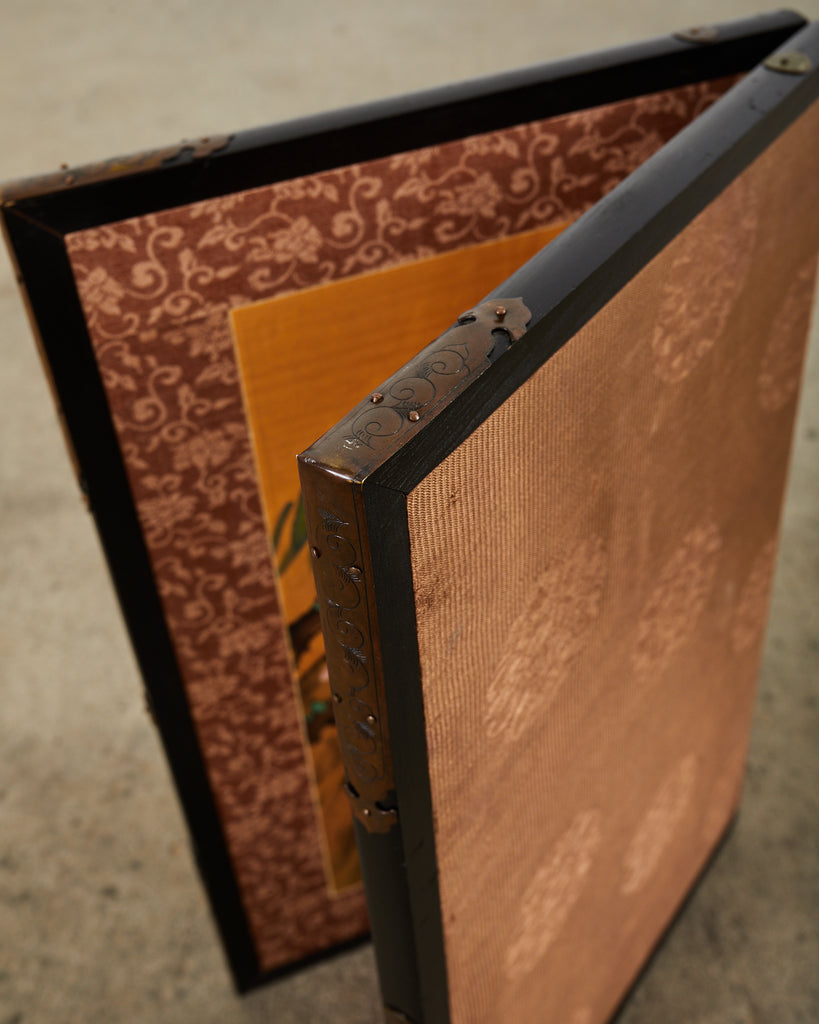 Asian Two Panel Table Screen Flowering Prunu with Songbird