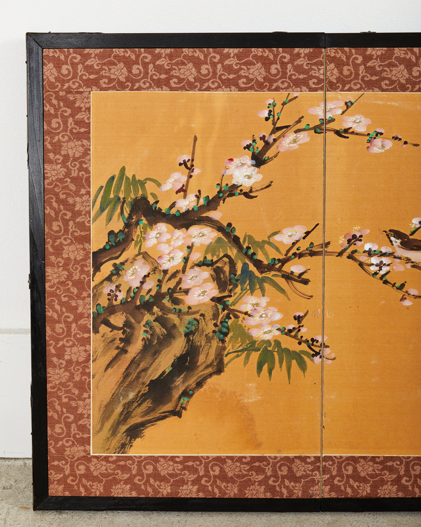 Asian Two Panel Table Screen Flowering Prunu with Songbird