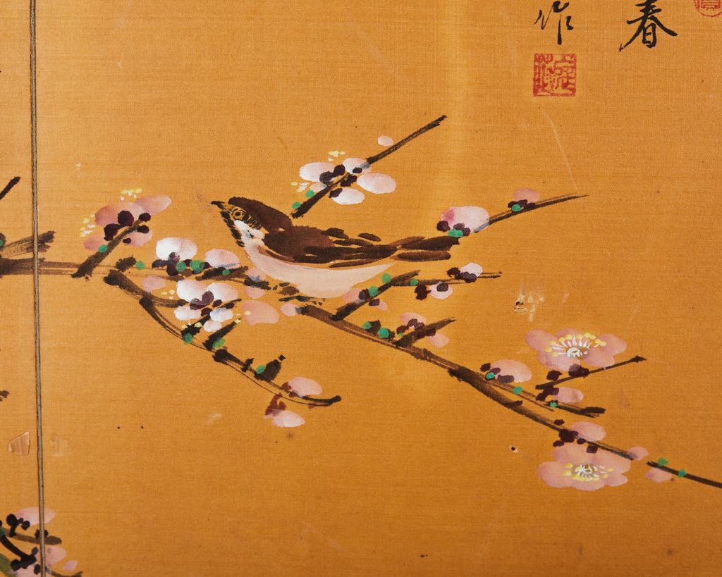 Asian Two Panel Table Screen Flowering Prunu with Songbird