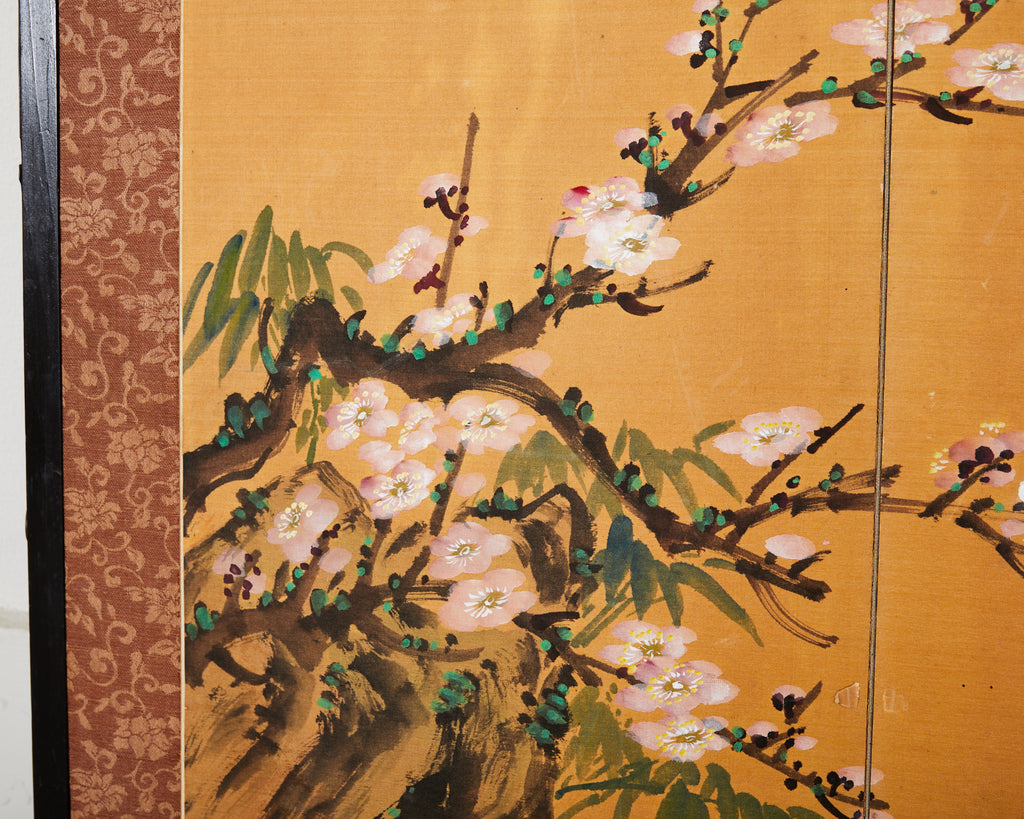 Asian Two Panel Table Screen Flowering Prunu with Songbird