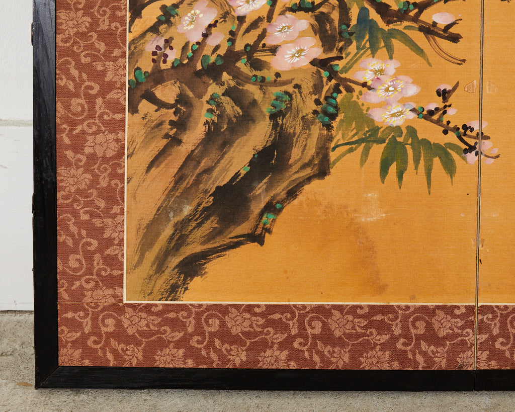 Asian Two Panel Table Screen Flowering Prunu with Songbird