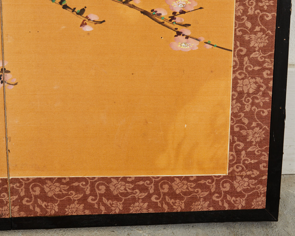 Asian Two Panel Table Screen Flowering Prunu with Songbird