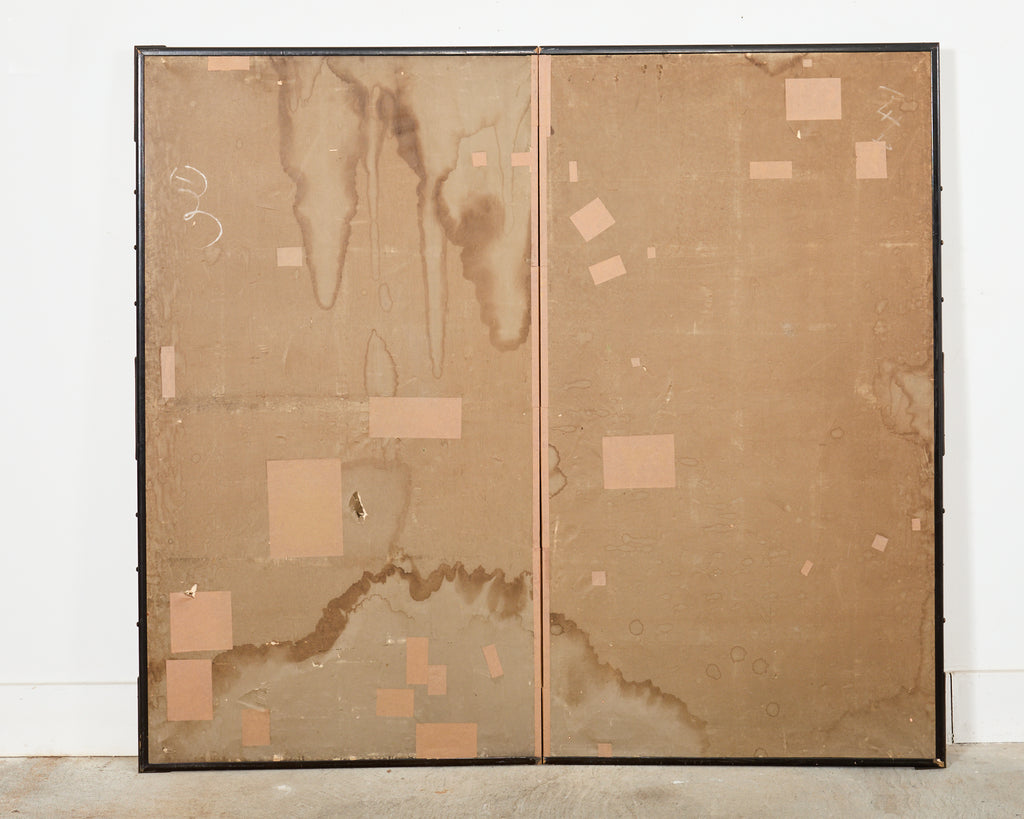 Japanese Taisho Two Panel Screen Bamboo Butterfly Landscape