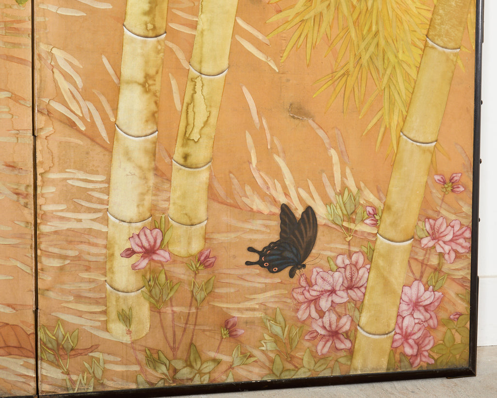 Japanese Taisho Two Panel Screen Bamboo Butterfly Landscape