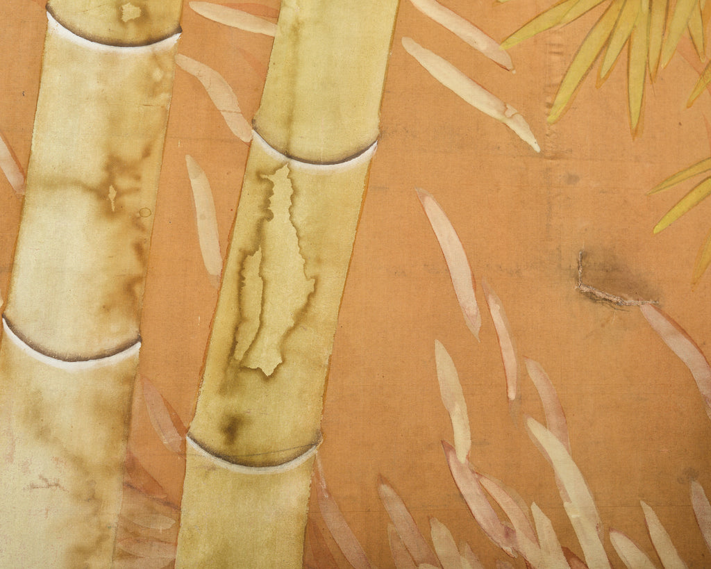 Japanese Taisho Two Panel Screen Bamboo Butterfly Landscape