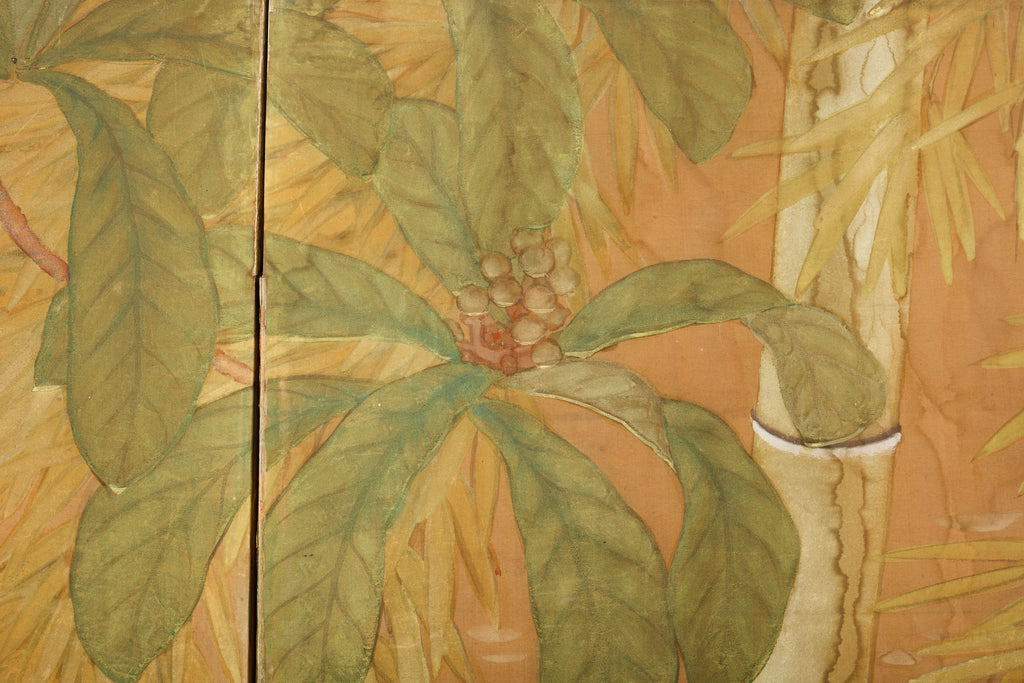 Japanese Taisho Two Panel Screen Bamboo Butterfly Landscape