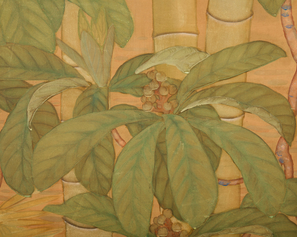 Japanese Taisho Two Panel Screen Bamboo Butterfly Landscape