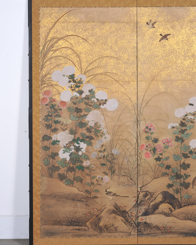 Japanese Meiji Two Panel Screen Birds Flowers in Autumn Landscape