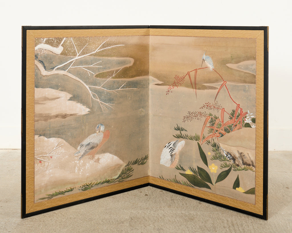 Japanese Showa Two Panel Screen Ducks in Winter Landscape