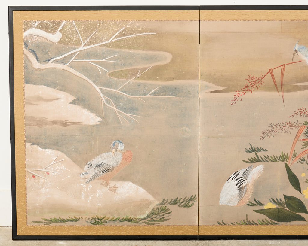 Japanese Showa Two Panel Screen Ducks in Winter Landscape