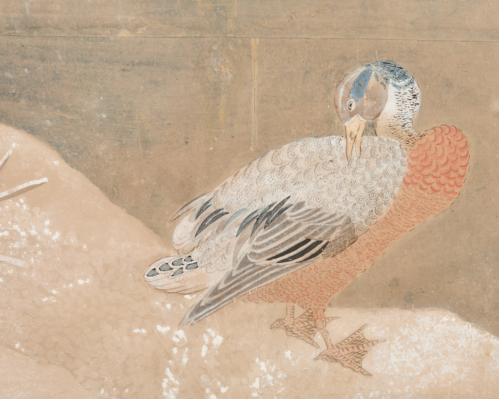 Japanese Showa Two Panel Screen Ducks in Winter Landscape