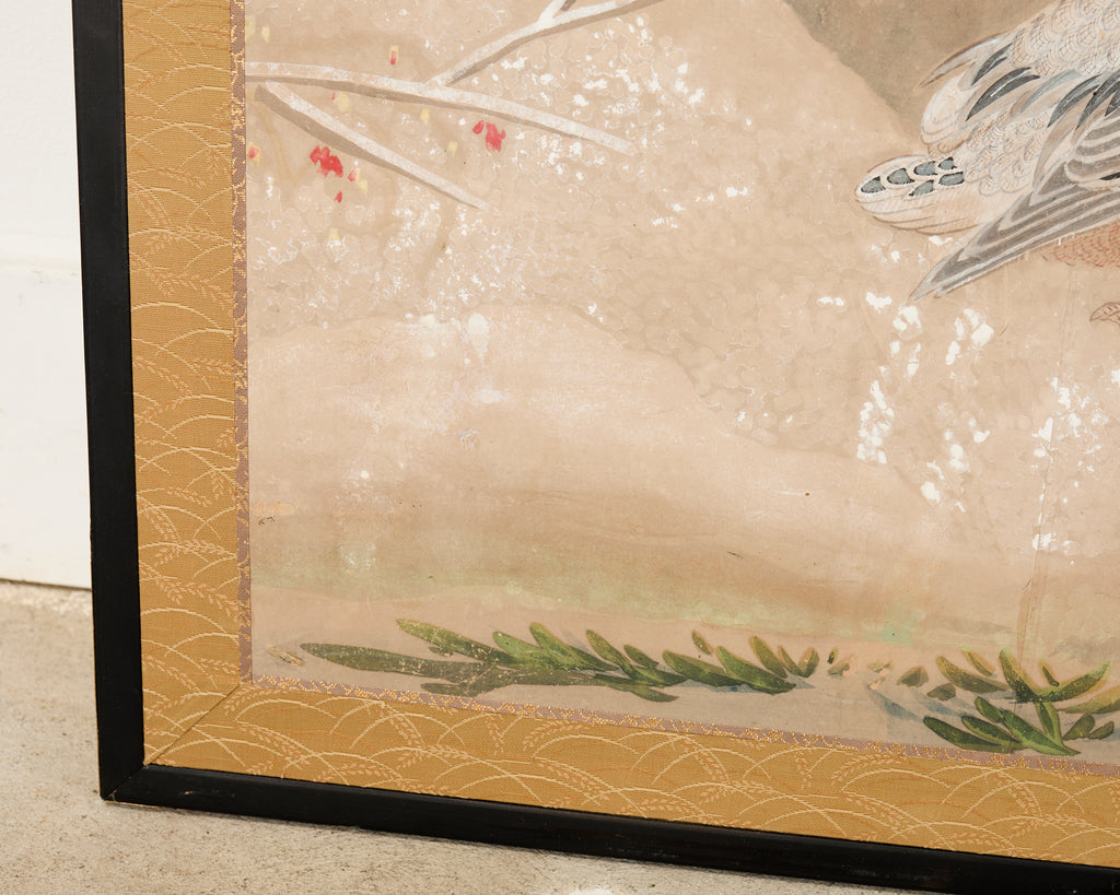 Japanese Showa Two Panel Screen Ducks in Winter Landscape