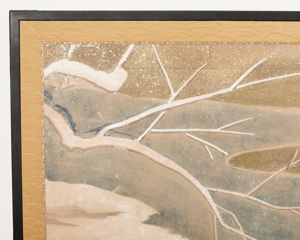 Japanese Showa Two Panel Screen Ducks in Winter Landscape