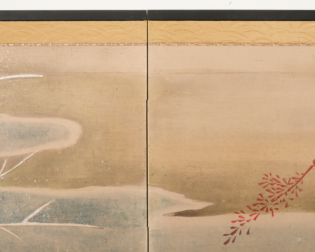 Japanese Showa Two Panel Screen Ducks in Winter Landscape