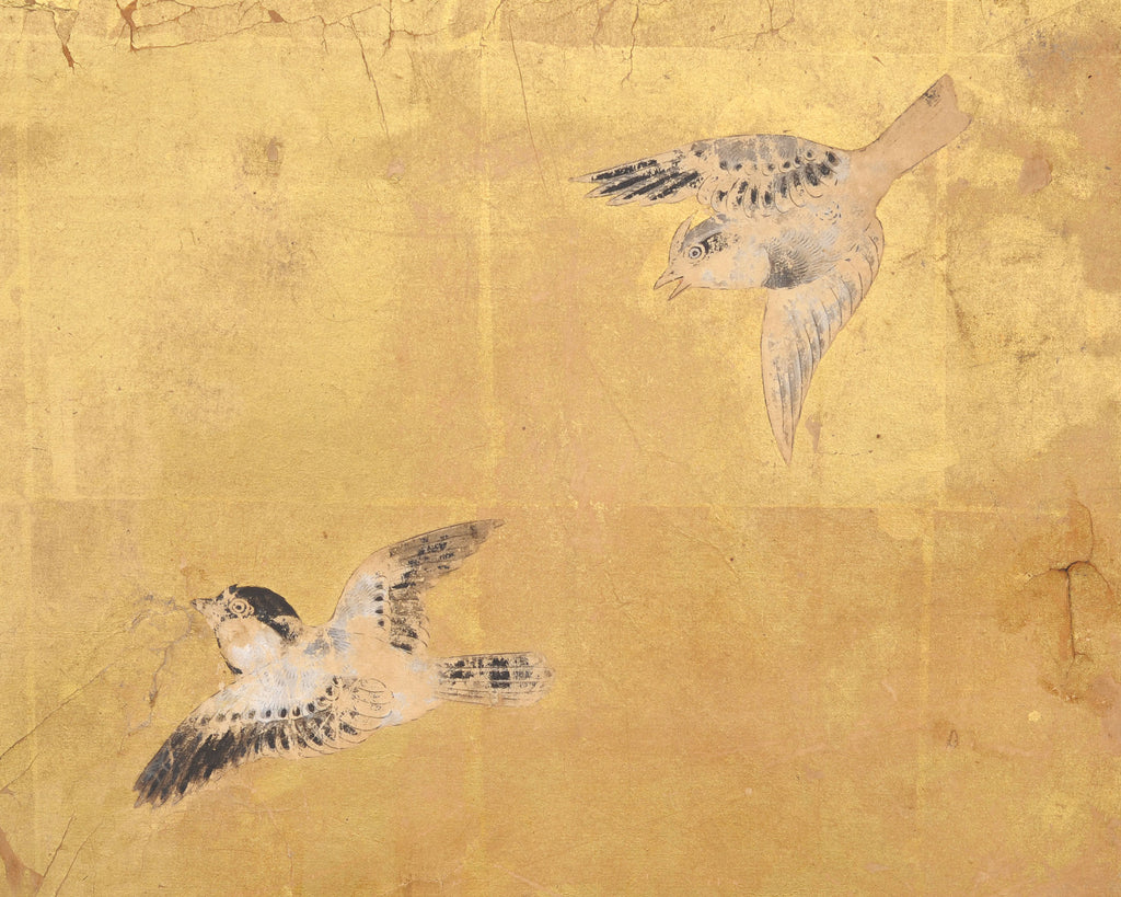 Japanese Edo Two-Panel Gilt Screen Birds Chrysanthemums 6 Ft