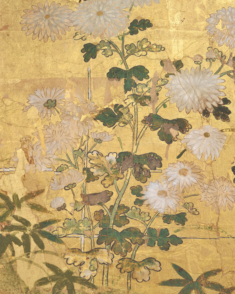 Japanese Edo Two-Panel Gilt Screen Birds Chrysanthemums 6 Ft