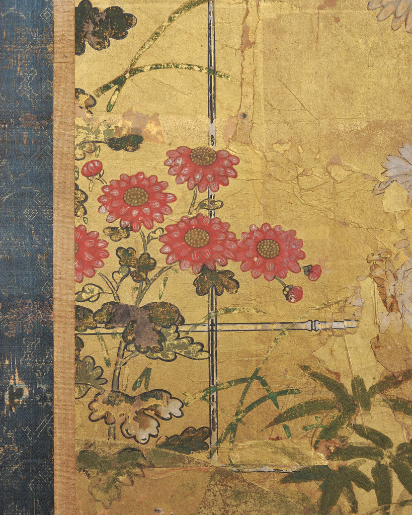 Japanese Edo Two-Panel Gilt Screen Birds Chrysanthemums 6 Ft