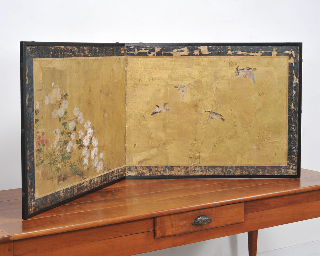 Japanese Edo Two-Panel Gilt Screen Birds Chrysanthemums 6 Ft