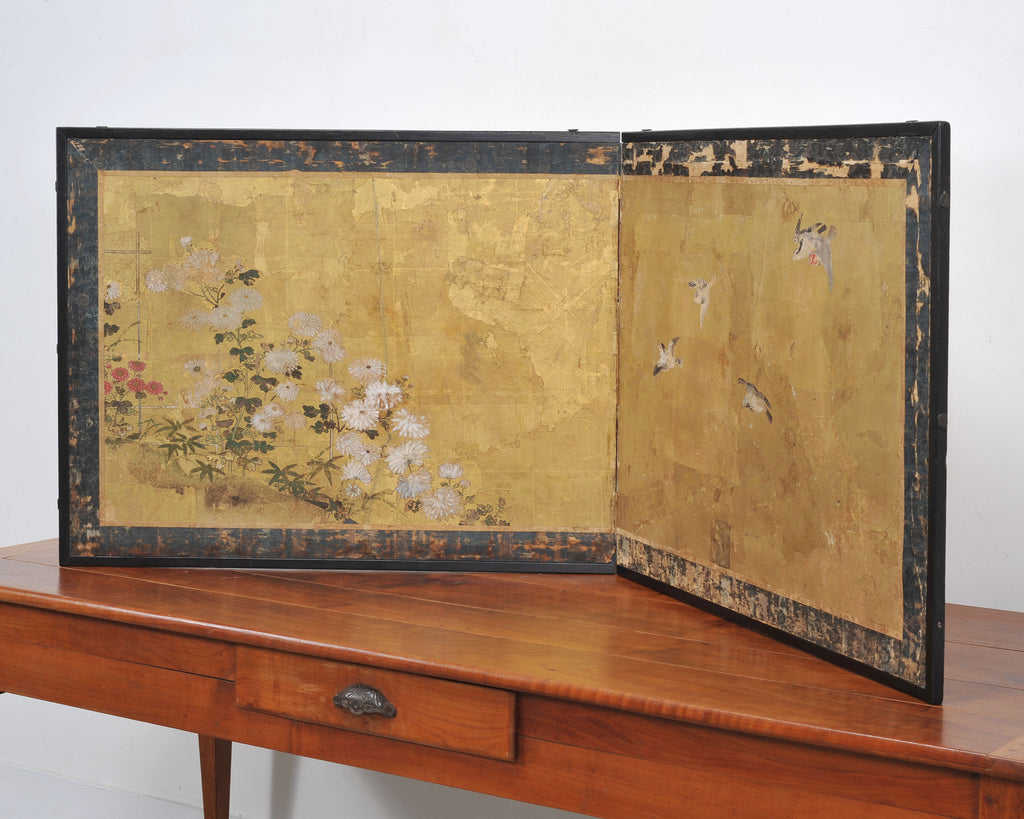 Japanese Edo Two-Panel Gilt Screen Birds Chrysanthemums 6 Ft