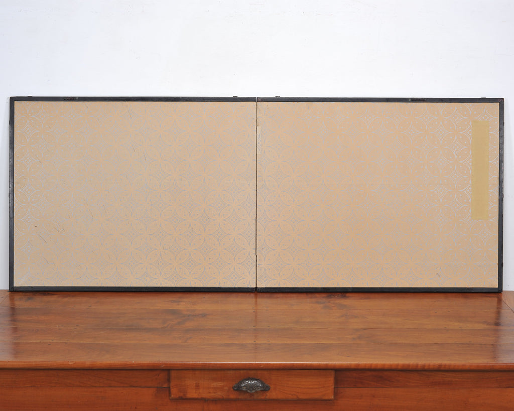 Japanese Edo Two-Panel Gilt Screen Birds Chrysanthemums 6 Ft