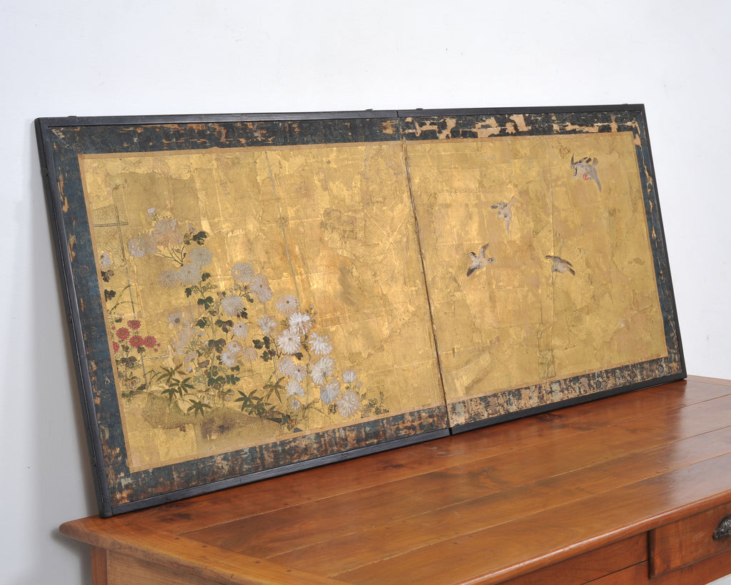 Japanese Edo Two-Panel Gilt Screen Birds Chrysanthemums 6 Ft