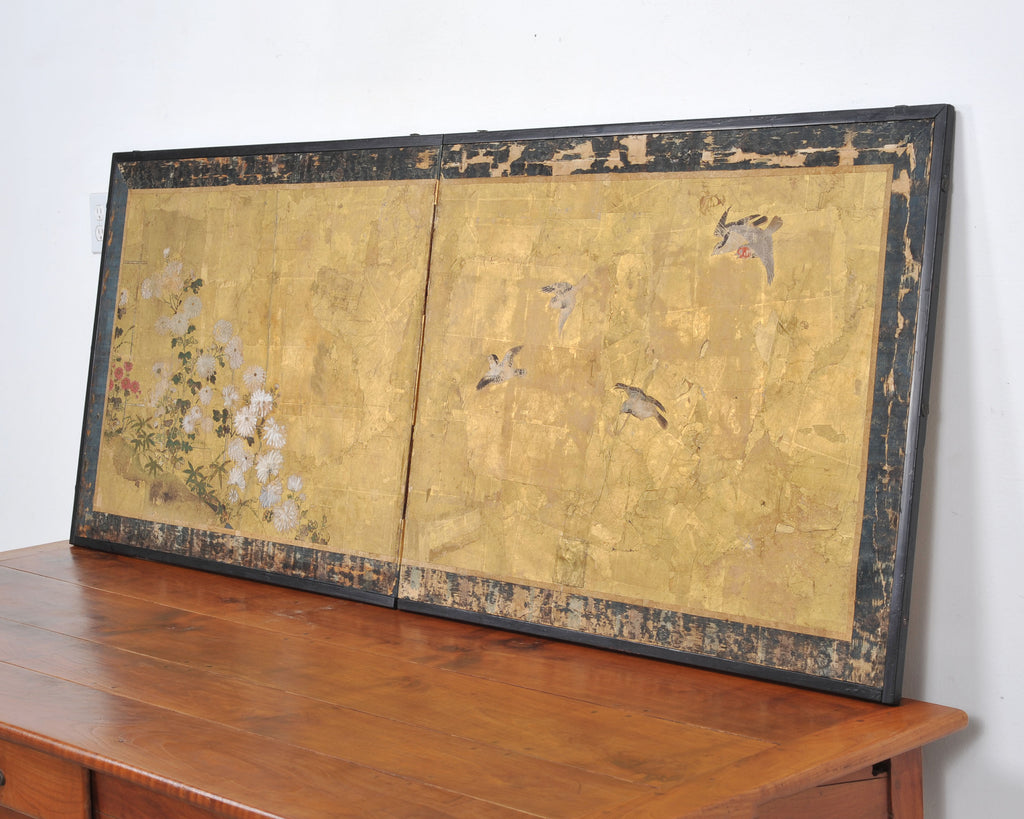 Japanese Edo Two-Panel Gilt Screen Birds Chrysanthemums 6 Ft