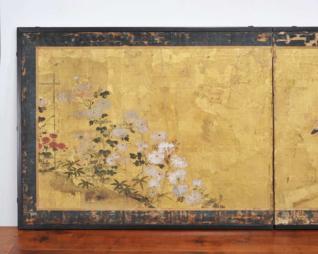 Japanese Edo Two-Panel Gilt Screen Birds Chrysanthemums 6 Ft