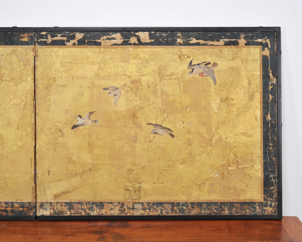 Japanese Edo Two-Panel Gilt Screen Birds Chrysanthemums 6 Ft