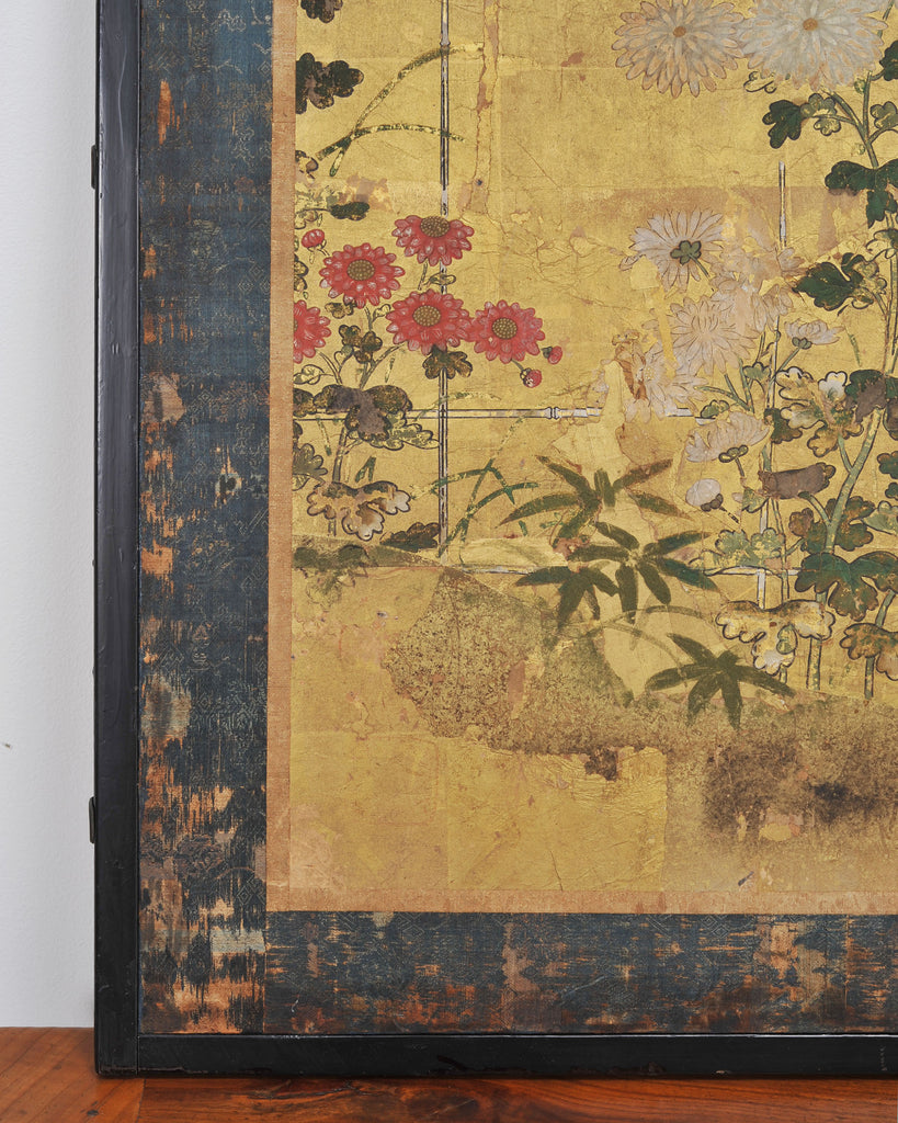 Japanese Edo Two-Panel Gilt Screen Birds Chrysanthemums 6 Ft