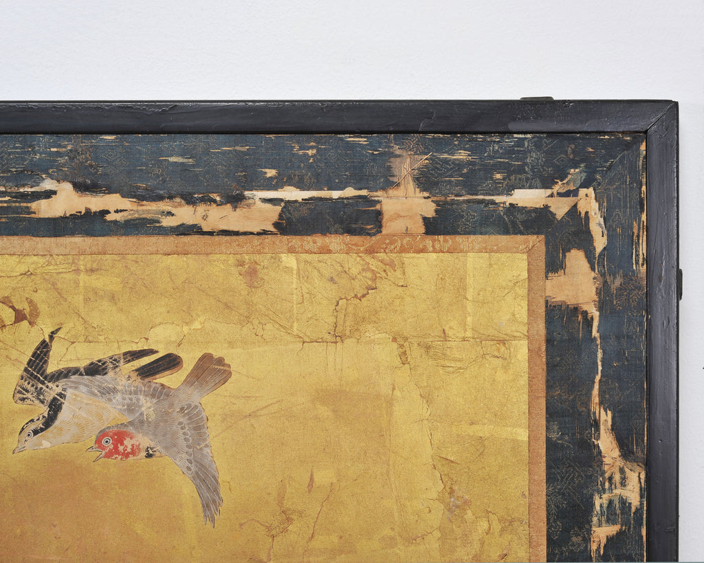 Japanese Edo Two-Panel Gilt Screen Birds Chrysanthemums 6 Ft