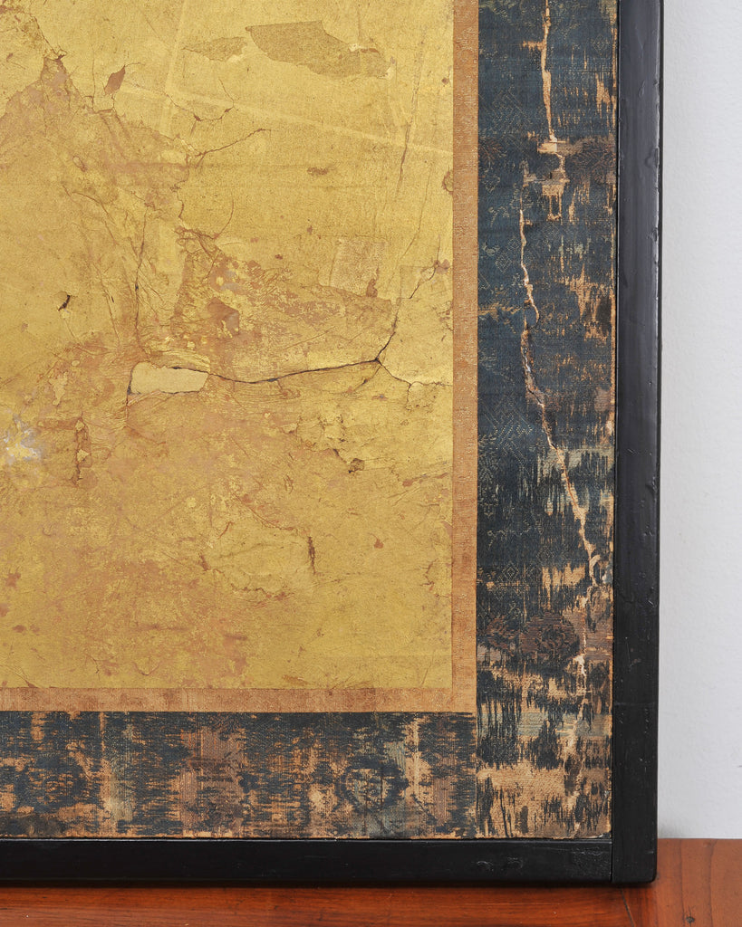 Japanese Edo Two-Panel Gilt Screen Birds Chrysanthemums 6 Ft