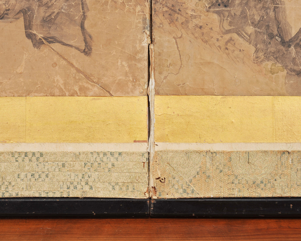 18th C. Japanese Edo Two-Panel Screen Pheasants Floral Landscape