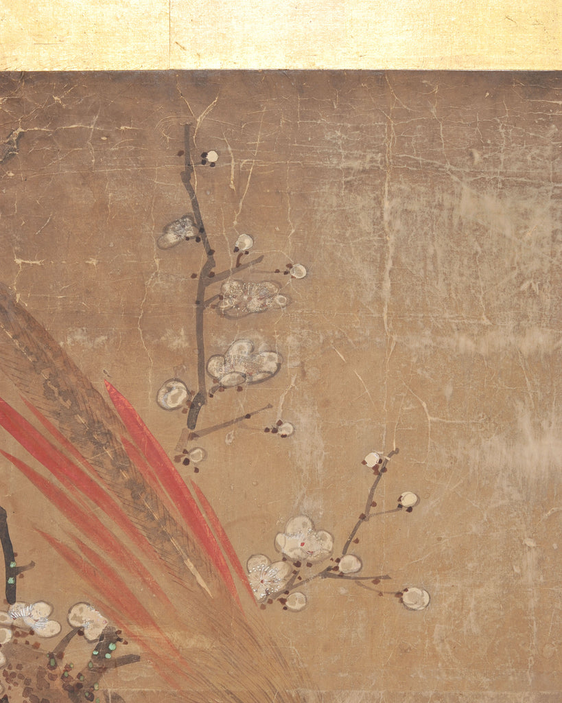 18th C. Japanese Edo Two-Panel Screen Pheasants Floral Landscape