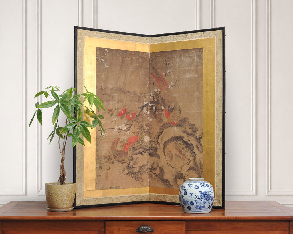 18th C. Japanese Edo Two-Panel Screen Pheasants Floral Landscape