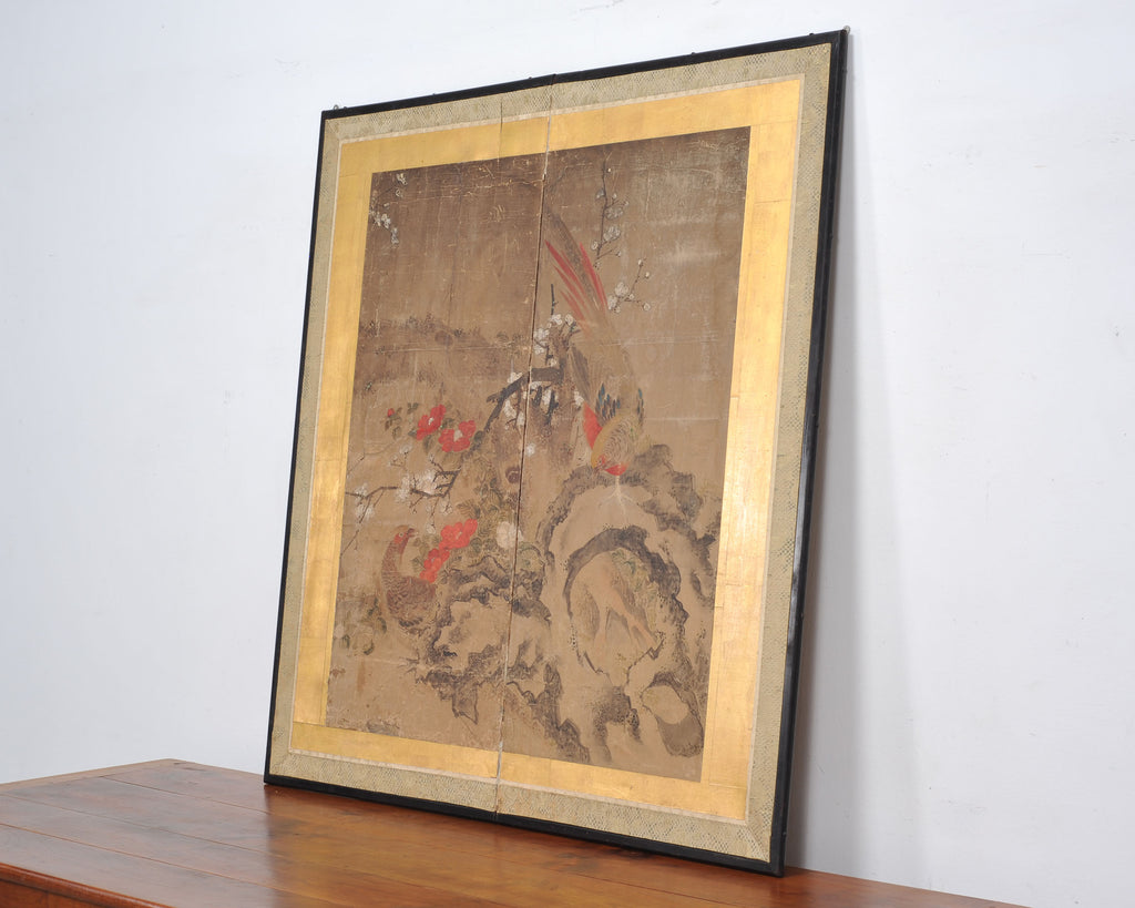 18th C. Japanese Edo Two-Panel Screen Pheasants Floral Landscape